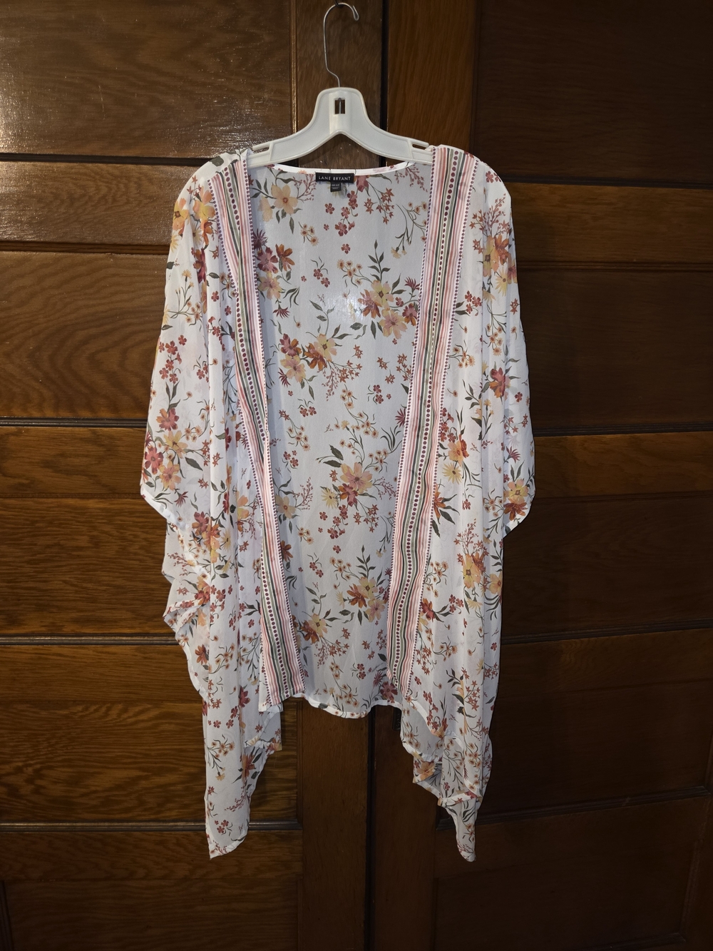 Lane Bryant White Floral Kimono with Pink & Orange Floral Accents